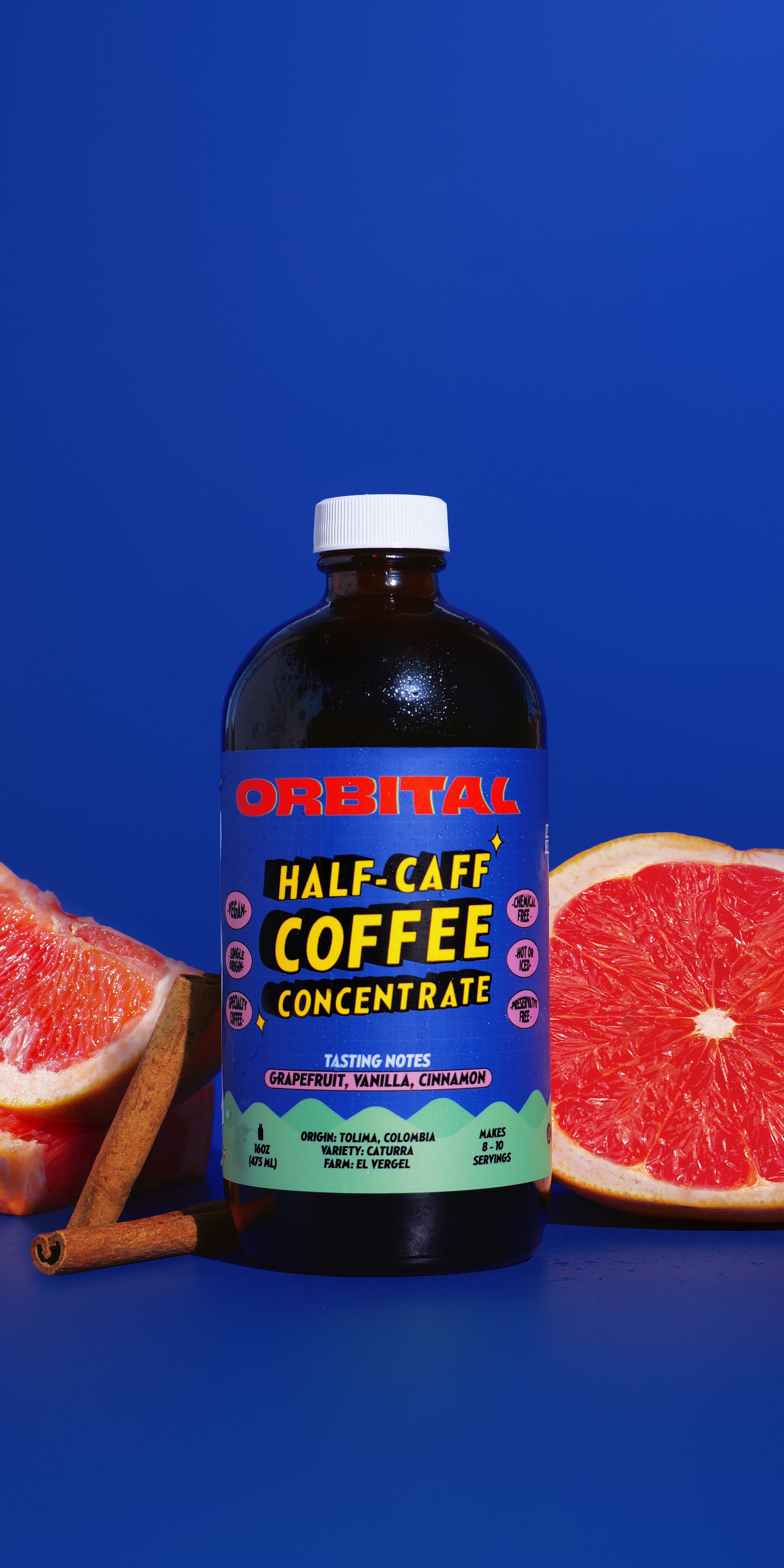 Half-Caff Coffee Cold Brew Concentrate with Grapefruit, Vanilla and Cinnamon Flavor Notes