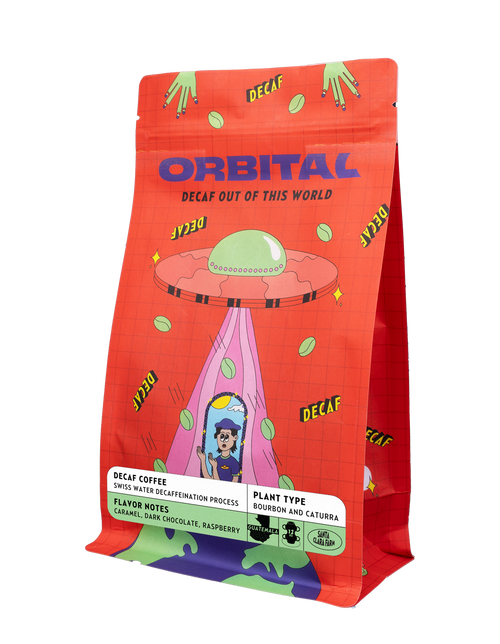 Shop Orbital Decaf Coffee—specialty-grade, Swiss Water Process beans with bold flavor and zero caffeine. Jitter-free, chemical-free, and out of this world.