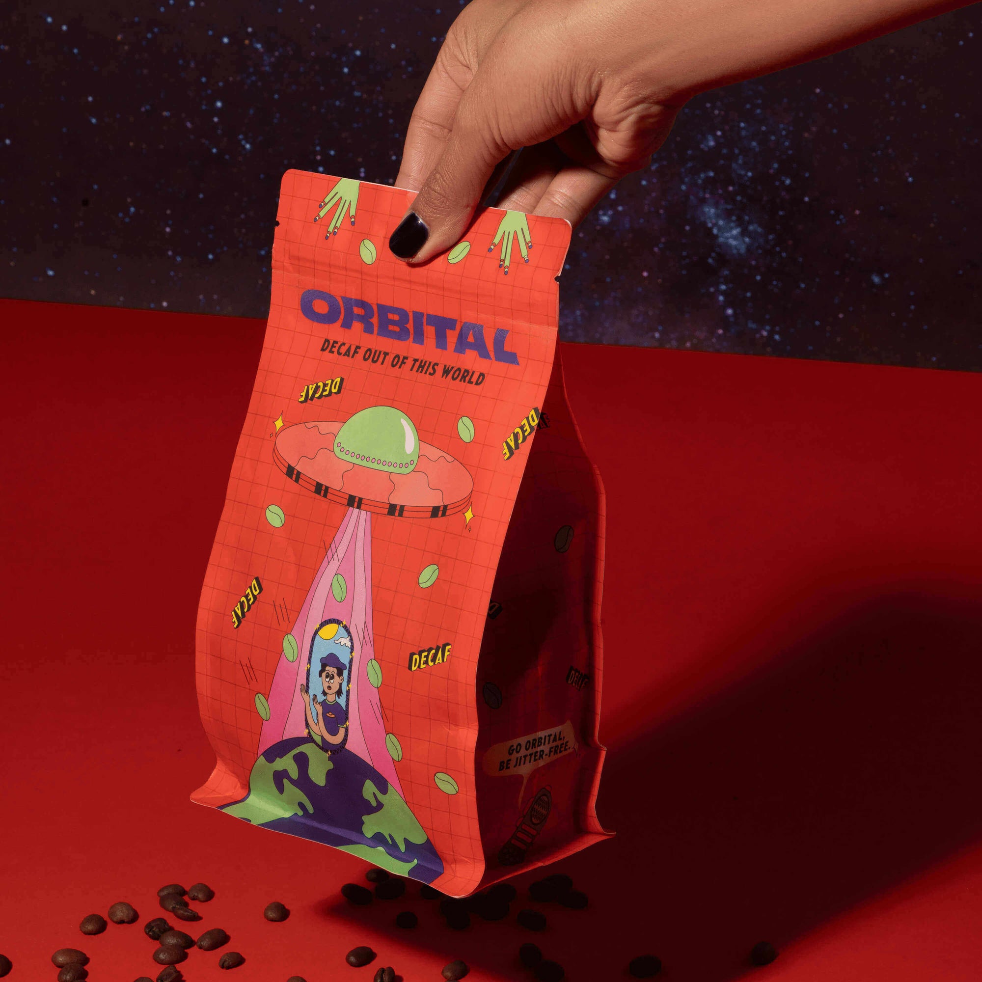 Shop Orbital Decaf Coffee—specialty-grade, Swiss Water Process beans with bold flavor and zero caffeine. Jitter-free, chemical-free, and out of this world.